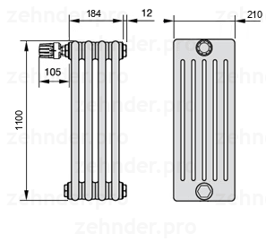 Схема (чертеж) Радиатор Zehnder Charleston 6110/4 №V011 Белый глянцевый RAL 9016